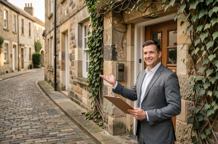 Agent immobilier devant une maison en pierre présentant un bien à vendre dans une rue résidentielle