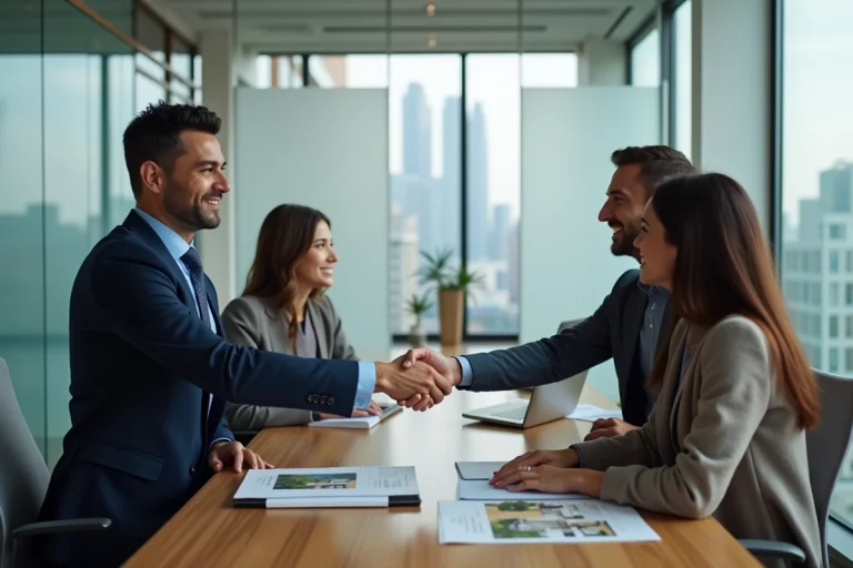 Agent immobilier professionnel serrant la main d'un couple de clients dans une agence moderne