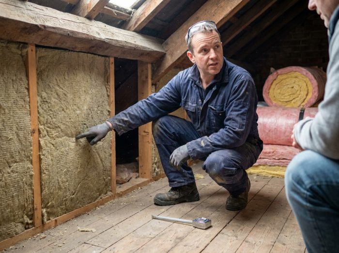 Artisan installant une isolation thermique dans un grenier dans le cadre de travaux de rénovation énergétique