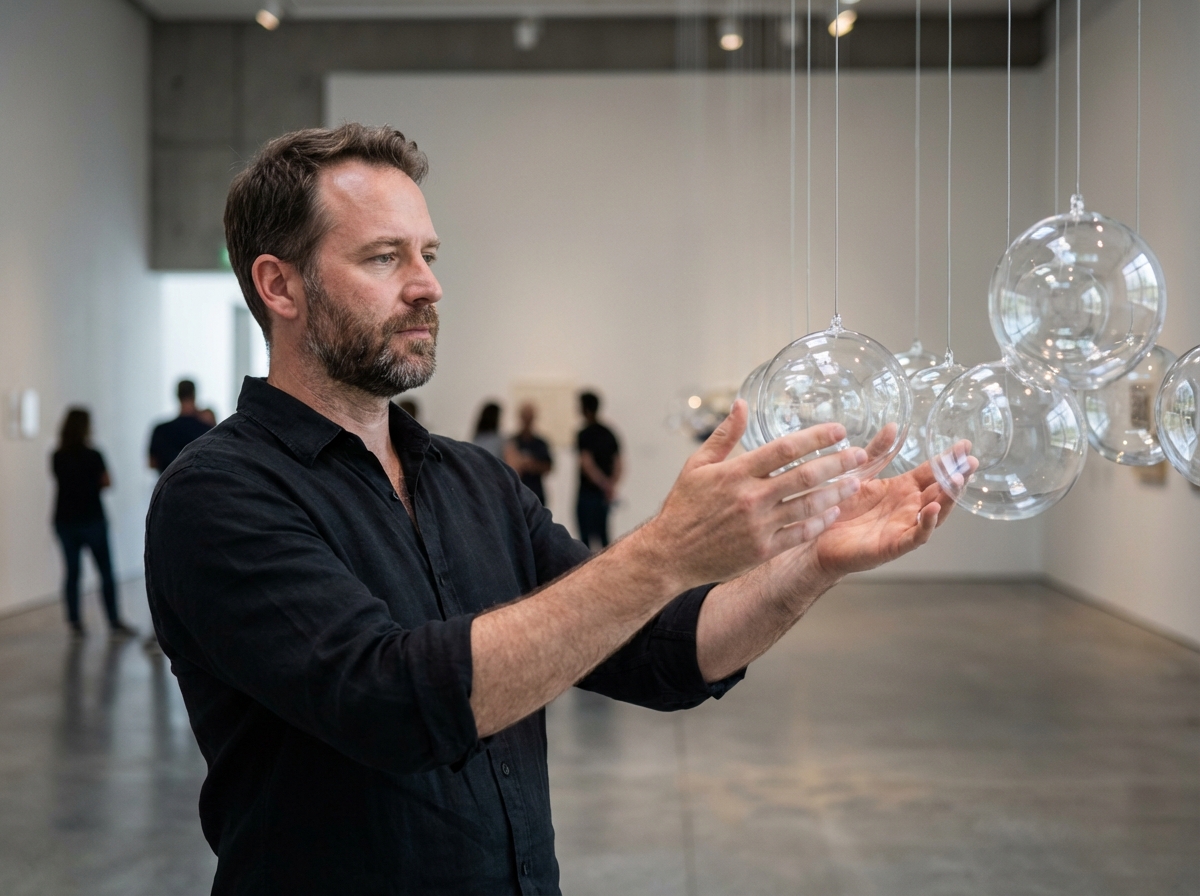 Artiste avec installation de globes suspendus dans galerie