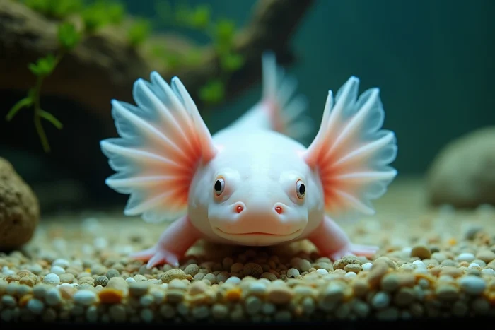 Axolotl rose avec des branchies en éventail reposant au fond d'un aquarium d'eau douce