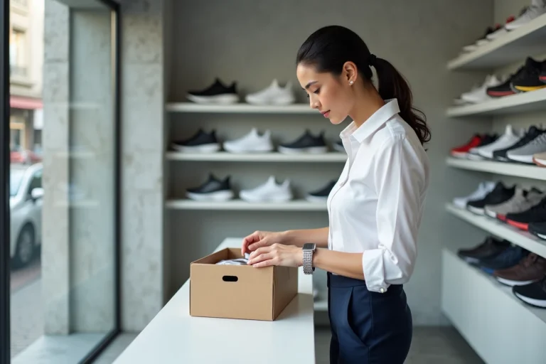 Vendeuse dans une boutique de sneakers retail examinant une boîte de chaussures en édition limitée