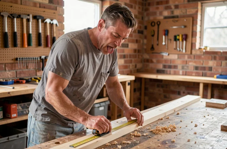 Bricoleur mesurant une planche en bois dans un atelier de maison pour des travaux d'intérieur