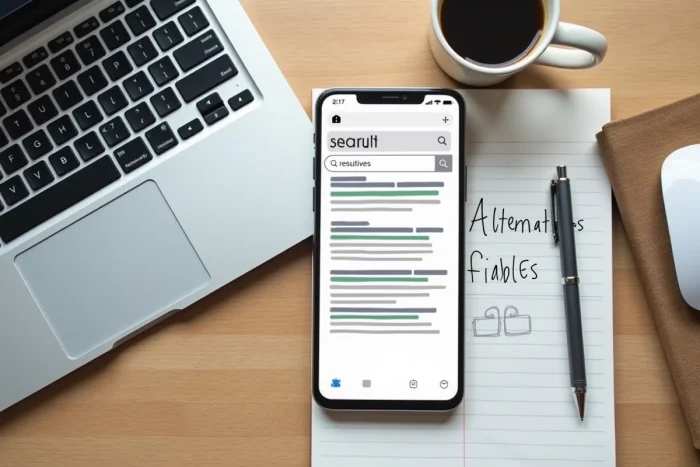 Vue aérienne d'un bureau avec ordinateur portable et notes manuscrites sur la recherche d'alternatives fiables à un site fermé