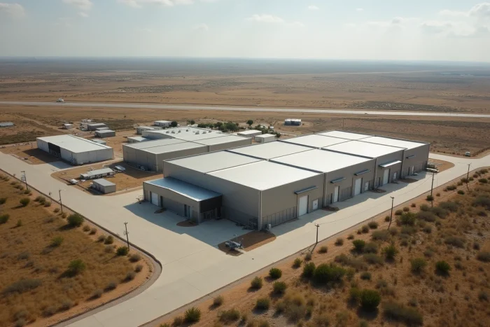 Vue aérienne d'un campus industriel privé avec piste d'aviation dans le désert texan, entouré de broussailles