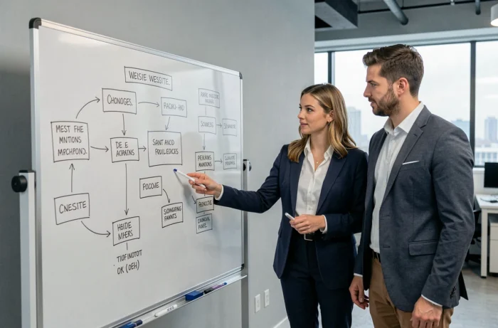 Deux collègues analysant un plan de site web dessiné sur un tableau blanc dans un bureau moderne