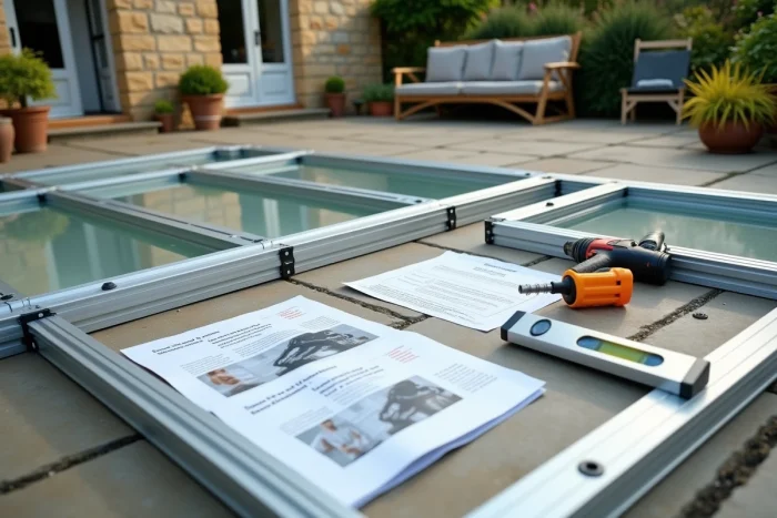 Vue détaillée des composants d'une véranda en kit Brico Dépôt posés sur une terrasse en béton avec outils
