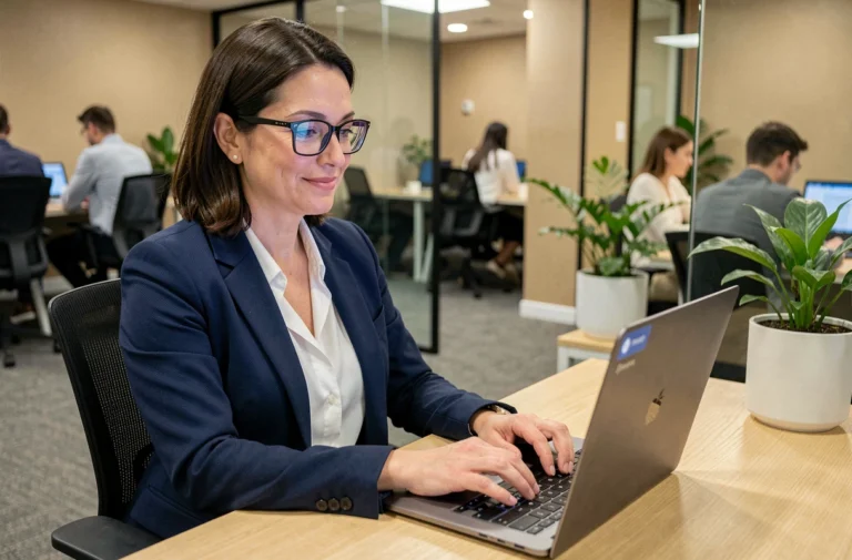 Femme professionnelle connectée à une plateforme de gestion des compétences sur son ordinateur portable dans un bureau moderne