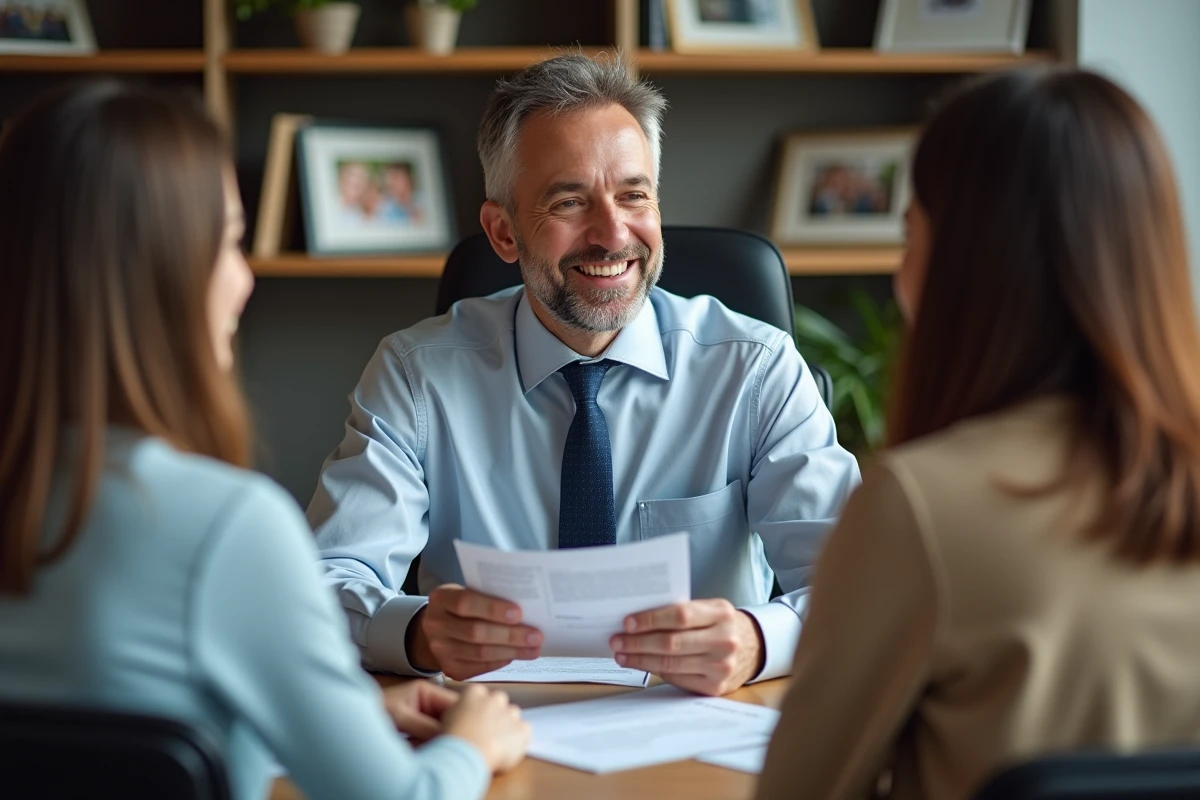 Conseiller en assurance parlant avec un couple dans son bureau