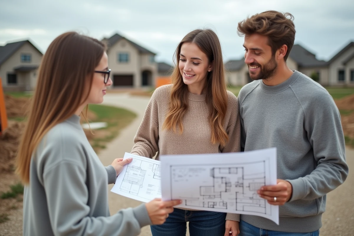 Jeune couple discutant plans de maison sur un chantier