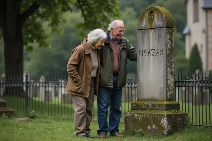 Couple de personnes âgées découvrant une stèle ancienne dans un cimetière rural lors d'une recherche généalogique
