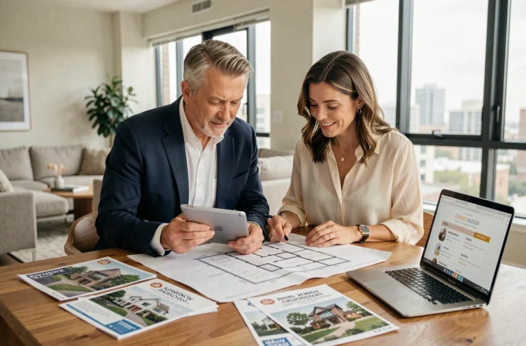 Couple de professionnels étudiant des plans immobiliers et des annonces sur tablette dans un appartement moderne