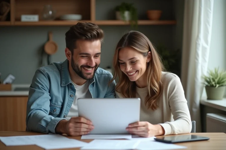 Jeune couple heureux avec documents dans une cuisine moderne