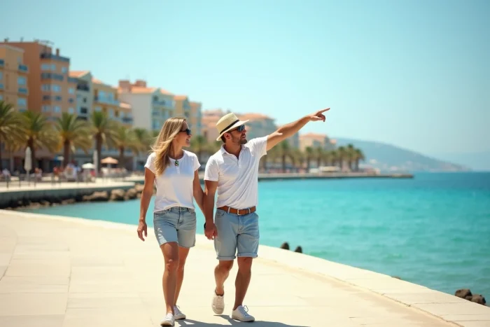 Couple se promenant sur une promenade du bord de mer dans une ville du sud, face à une vue panoramique sur la Méditerranée