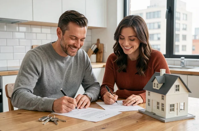 Couple signant un acte notarié pour un investissement immobilier locatif