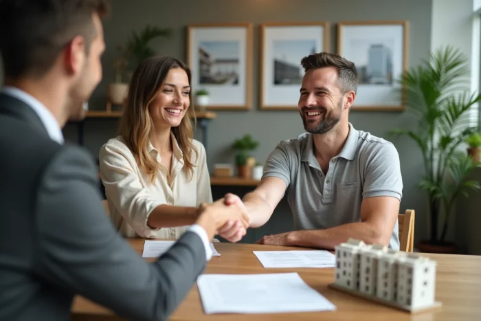 Couple signant un contrat d'achat immobilier avec un conseiller dans une agence immobilière moderne