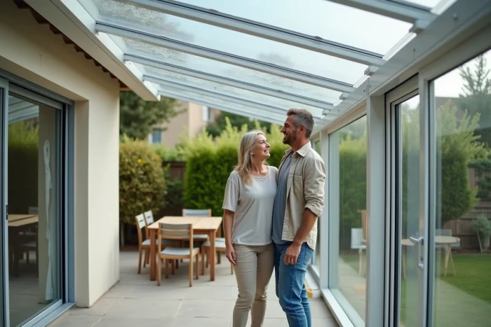 Couple admirant leur véranda en kit montée sur la terrasse de leur maison avec vue sur le jardin