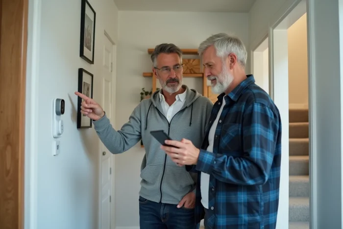 Couple vérifiant le système de protection du foyer avec l'application d'assurance FoyerLumina