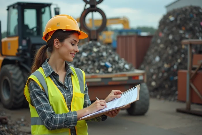 Employée d'un centre de recyclage consultant les tarifs de rachat de la ferraille sur une balance industrielle