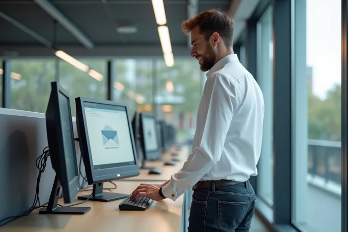 Enseignant-chercheur explorant les fonctionnalités avancées de la messagerie cloud dans une salle informatique universitaire