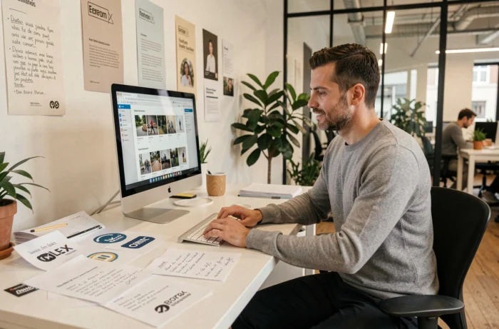 Entrepreneur masculin analysant un catalogue numérique de marques françaises dans un bureau de startup