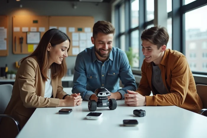 Équipe de jeunes professionnels explorant des prototypes de robotique IA et des objets connectés dans un laboratoire d'innovation startup en 2024