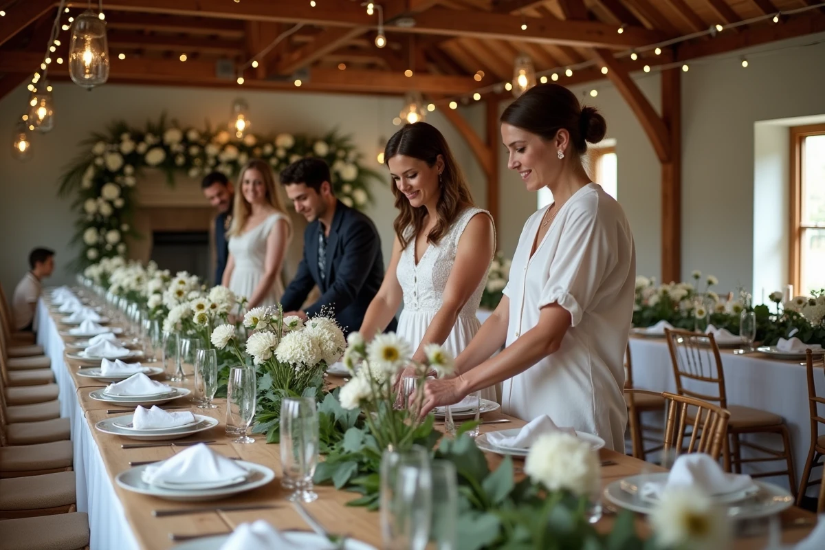 Equipe de planification de mariage arrangeant des centres de table
