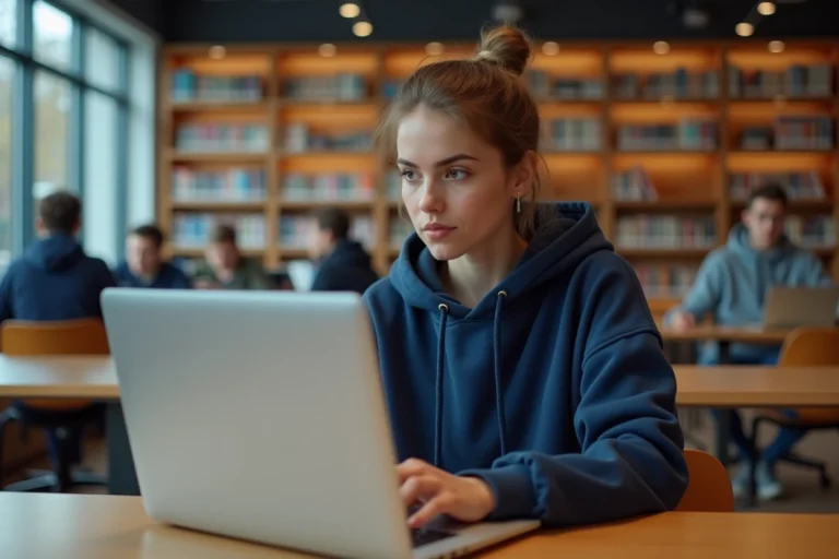 Étudiante de l'Université de Lorraine consultant sa messagerie cloud sur un ordinateur portable dans une bibliothèque universitaire moderne