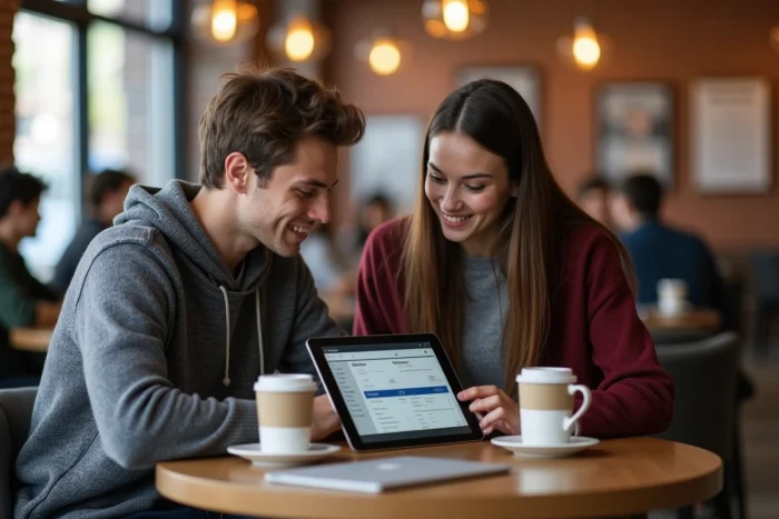 Deux étudiants collaborant sur les fonctionnalités de la messagerie cloud de l'Université de Lorraine dans un espace café du campus