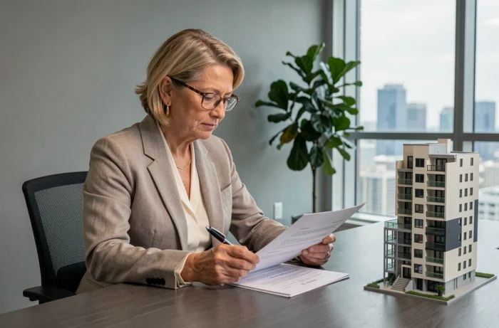 Femme experte en immobilier révisant un contrat de vente dans un bureau avec vue sur la ville