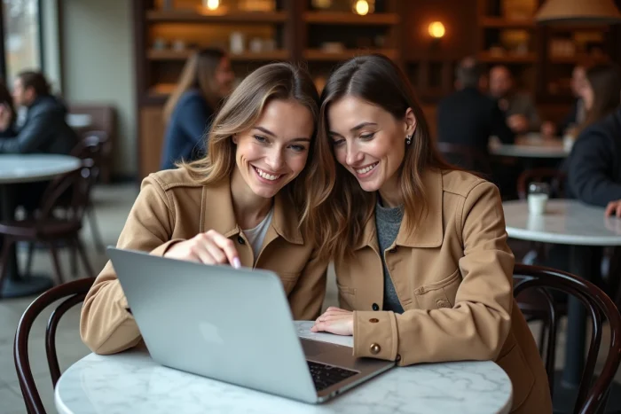 Deux femmes explorant ensemble les sections d'un site web éducatif sur un ordinateur portable dans un café parisien