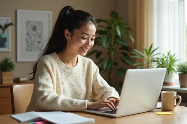 Jeune femme explorant les rubriques d'un site éducatif sur son ordinateur portable dans un bureau à domicile cosy