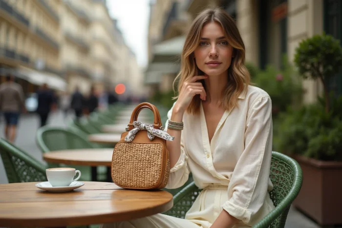 Femme assise en terrasse parisienne avec sac en rotin et bandana en soie, illustrant un style accessoirisé naturel et tendance