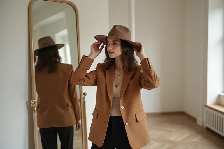 Femme élégante ajustant un chapeau tendance devant un miroir dans une boutique minimaliste, portant des accessoires dorés et un blazer camel