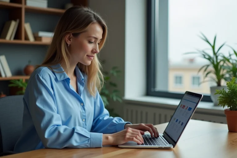 Jeune femme au bureau ouvrant un fichier DOCX sur son ordinateur
