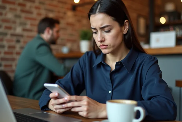 Femme dans un café consultant son smartphone face à un site web fermé sur son ordinateur portable