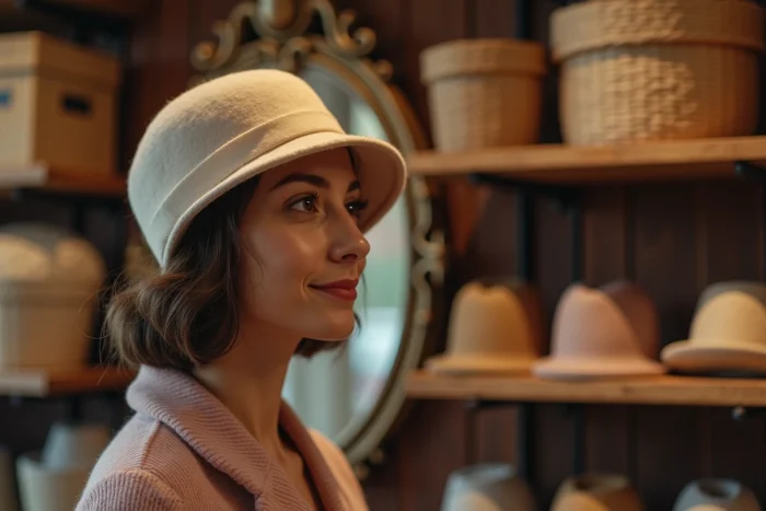 Jeune femme essayant un chapeau cloche vintage dans une boutique de chapelier artisanale