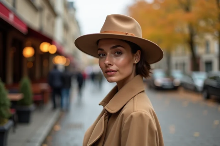 Femme parisienne portant un chapeau à large bord en feutre camel dans une rue pavée en automne