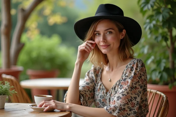 Femme élégante avec chapeau noir à bords larges dans un jardin méditerranéen ensoleillé