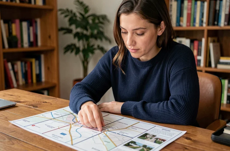 Femme consultant un plan de site imprimé sur un bureau en bois dans un bureau à domicile organisé