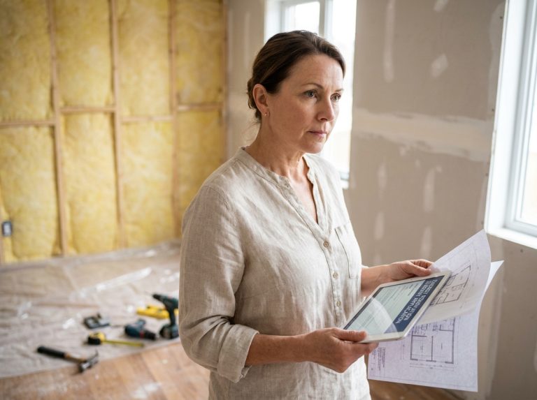 Femme consultant des documents de demande de prime rénov dans une maison en cours de rénovation