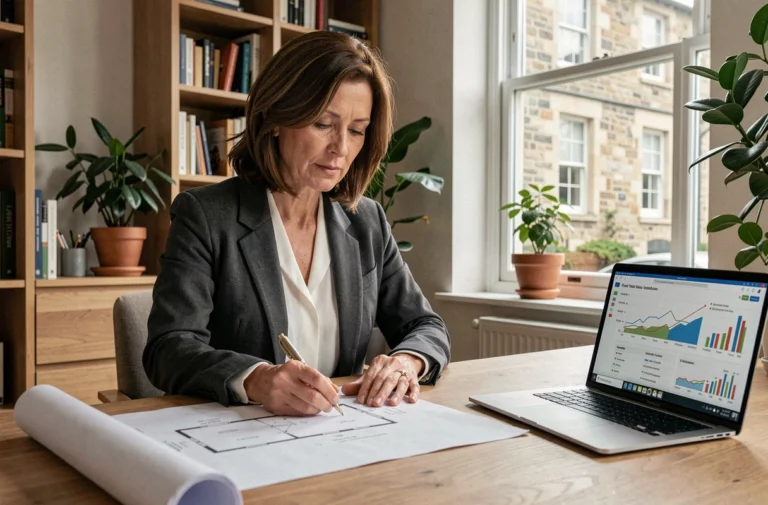 Femme investisseuse immobilière analysant des documents de patrimoine dans un bureau moderne
