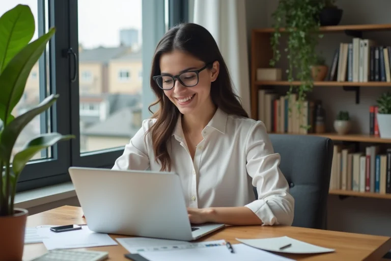 Jeune femme souriante compare des offres de prêt immobilier