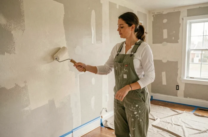 Femme appliquant de la peinture murale avec un rouleau dans un salon en cours de rénovation