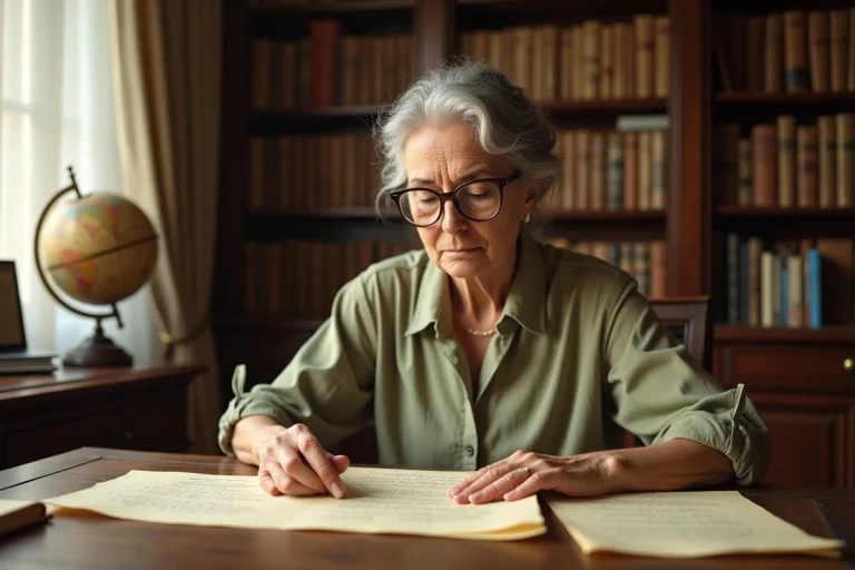 Femme examinant de vieux documents généalogiques et lettres manuscrites sur un bureau en bois dans une bibliothèque