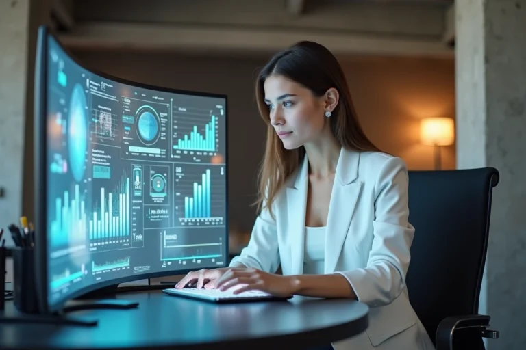 Femme professionnelle interagissant avec un écran OLED transparent dans un espace de travail technologique moderne en 2024