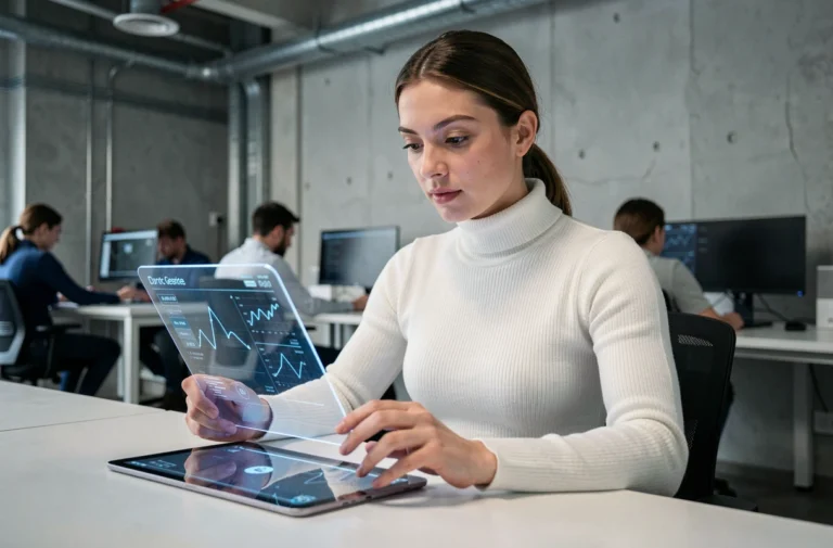 Femme technophile interagissant avec une tablette transparente dans un studio high-tech moderne