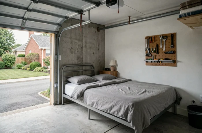 Garage résidentiel aménagé en espace de couchage avec un lit simple, literie grise et sol en béton brut, vue grand angle