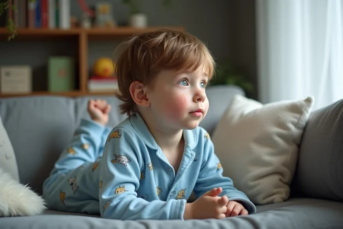 Garçon de sept ans en pyjamas bleus regardant par la fenêtre