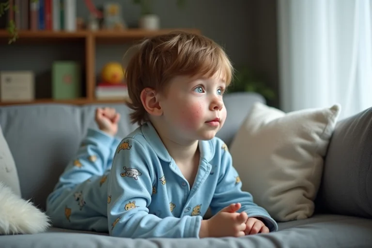 Garçon de sept ans en pyjamas bleus regardant par la fenêtre